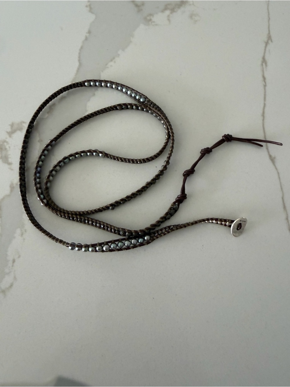 Chan Luu Brown Braided Leather Wrap with Blue Grey FWP & Faceted Pyrite 35” - Picture 3 of 13